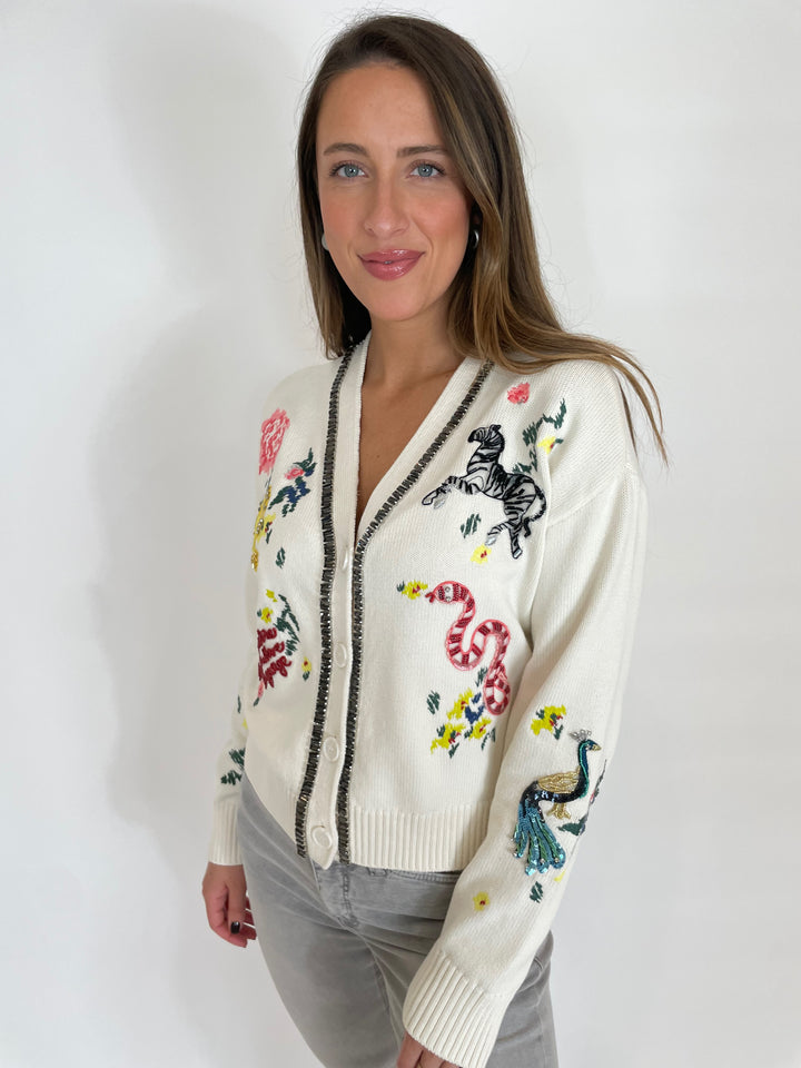 Cinq a Sept Nyla Patch Animal V-Neck Cardigan in Ivory available at Barbara Katz