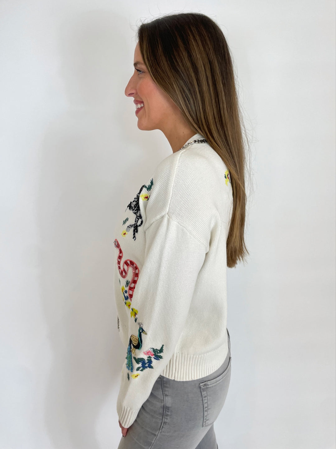 Cinq a Sept Nyla Patch Animal Long Sleeve Cardigan in Ivory available at Barbara Katz