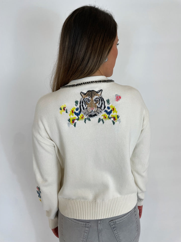 Cinq a Sept Nyla Patch Animal Cardigan in Ivory available at Barbara Katz