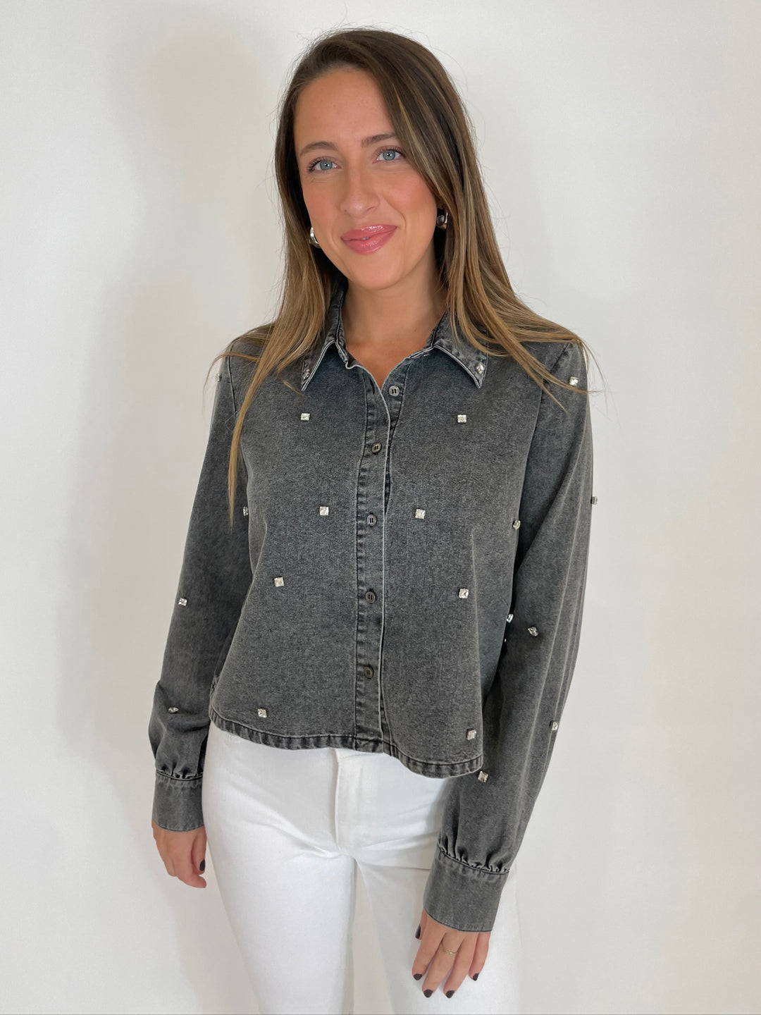 J Society Mirtha Rhinestone Embellished Crop Denim Shirt in Chambray available at Barbara Katz