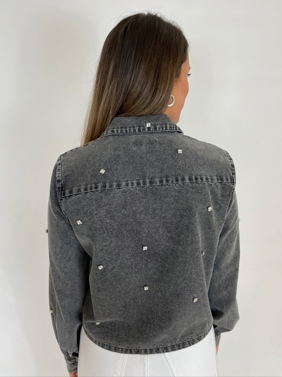 J Society Mirtha Rhinestone Embellished Cropped Denim Shirt in Chambray available at Barbara Katz