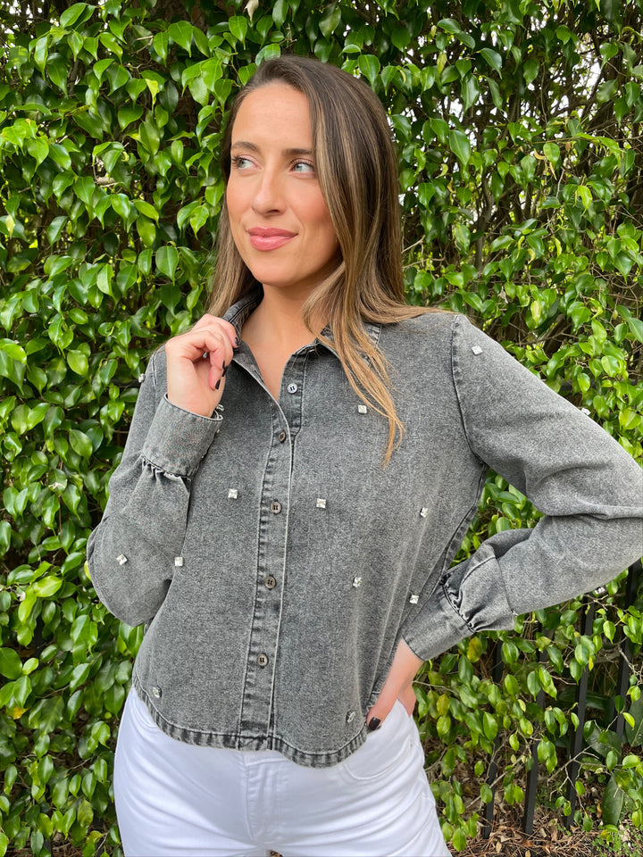 J Society Mirtha Rhinestone Embellished Denim Shirt in Black available at Barbara Katz