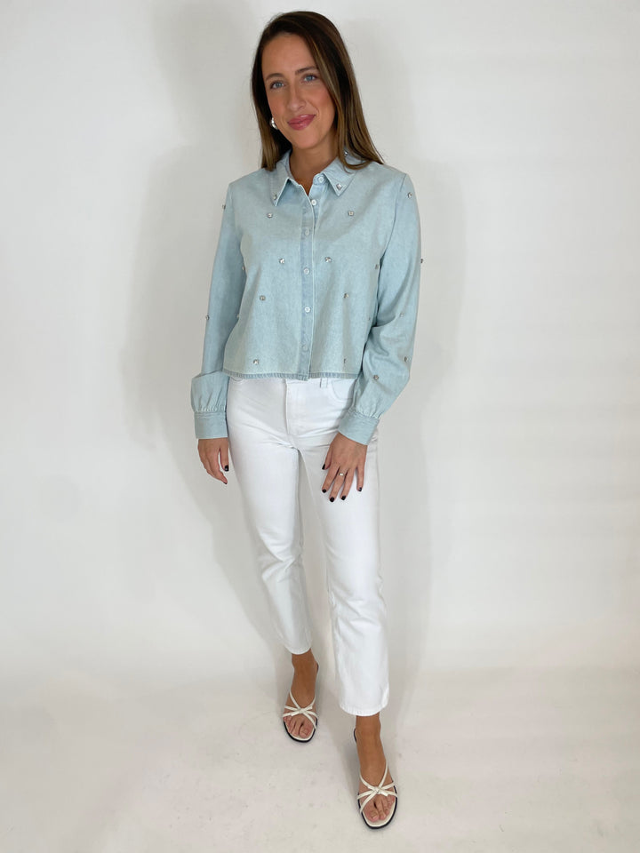 J Society Mirtha Rhinestone Embellished Crop Denim Shirt in Chambray paired with White Jeans available at Barbara Katz