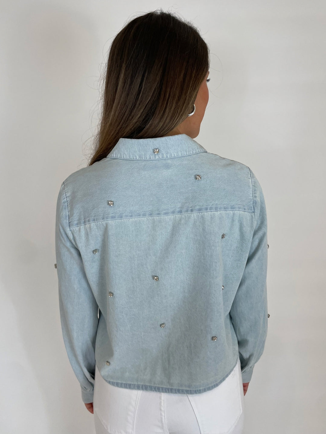 J Society Mirtha Rhinestone Embellished Denim Shirt in Chambray available at Barbara Katz