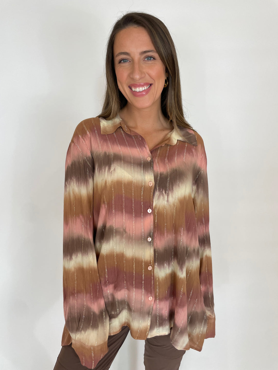 Leo & Ugo Aila Button-Down Lurex Shirt in Multi/Beige available at Barbara Katz