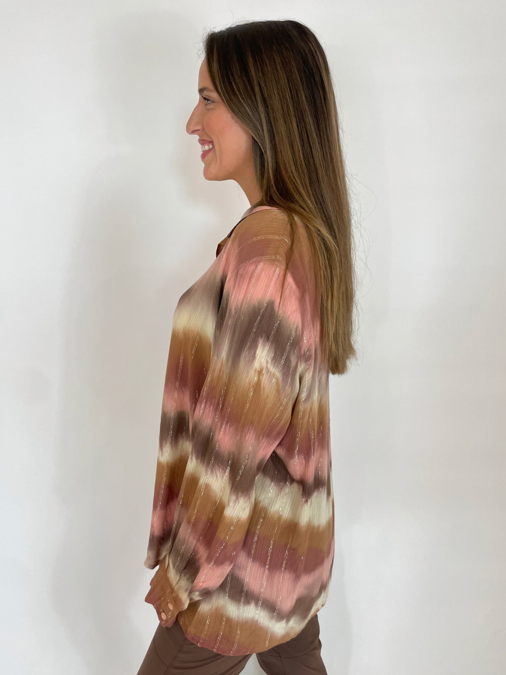 Leo & Ugo Aila Button-Down Lurex Long Sleeve Shirt in Multi/Beige available at Barbara Katz