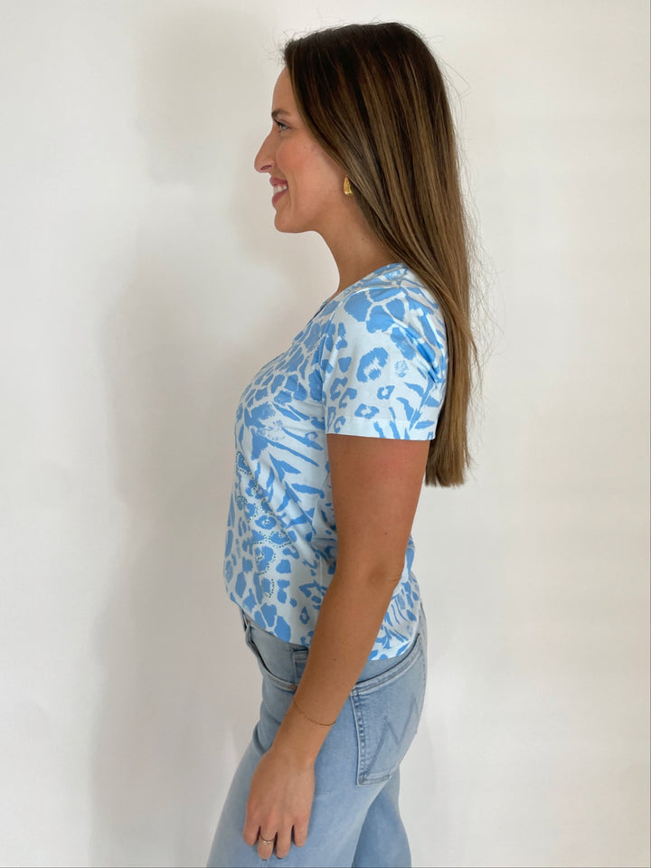 Leo & Ugo Audrey Animal Short Sleeve Top in Light Blue available at Barbara Katz