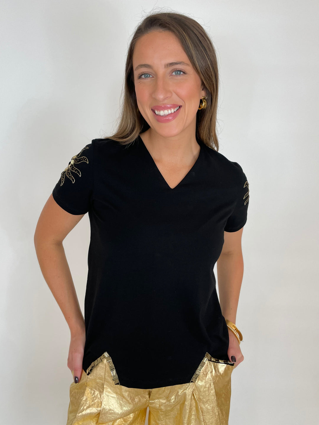 Leo & Ugo Moon & Sun Beaded V-Neck Tee in Black available at Barbara Katz