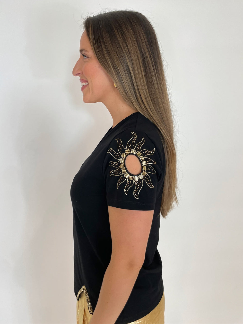 Leo & Ugo Moon & Sun Beaded Short Sleeve Top in Black available at Barbara Katz