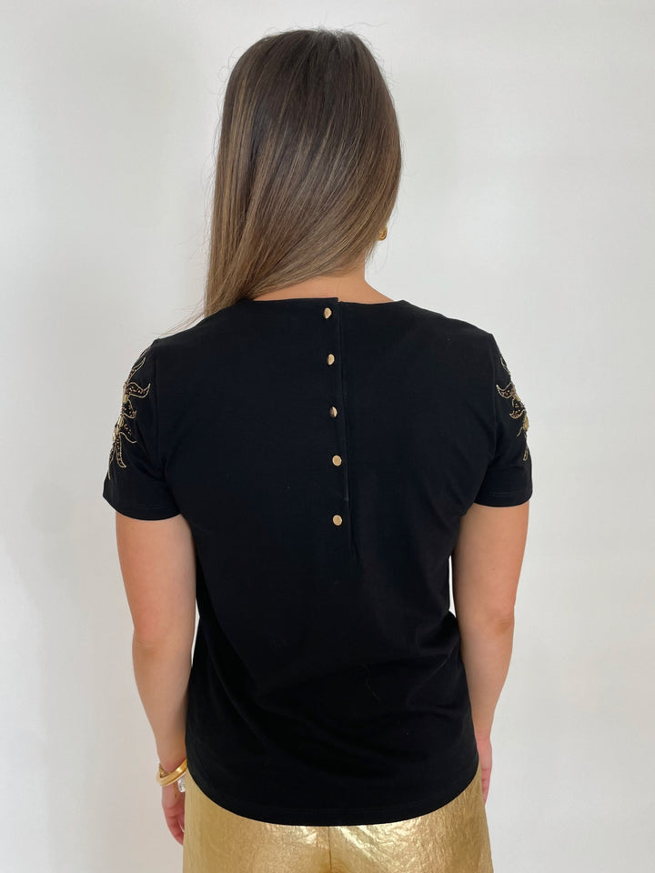 Leo & Ugo Back Button Moon & Sun Beaded Tee in Black/Gold available at Barbara Katz