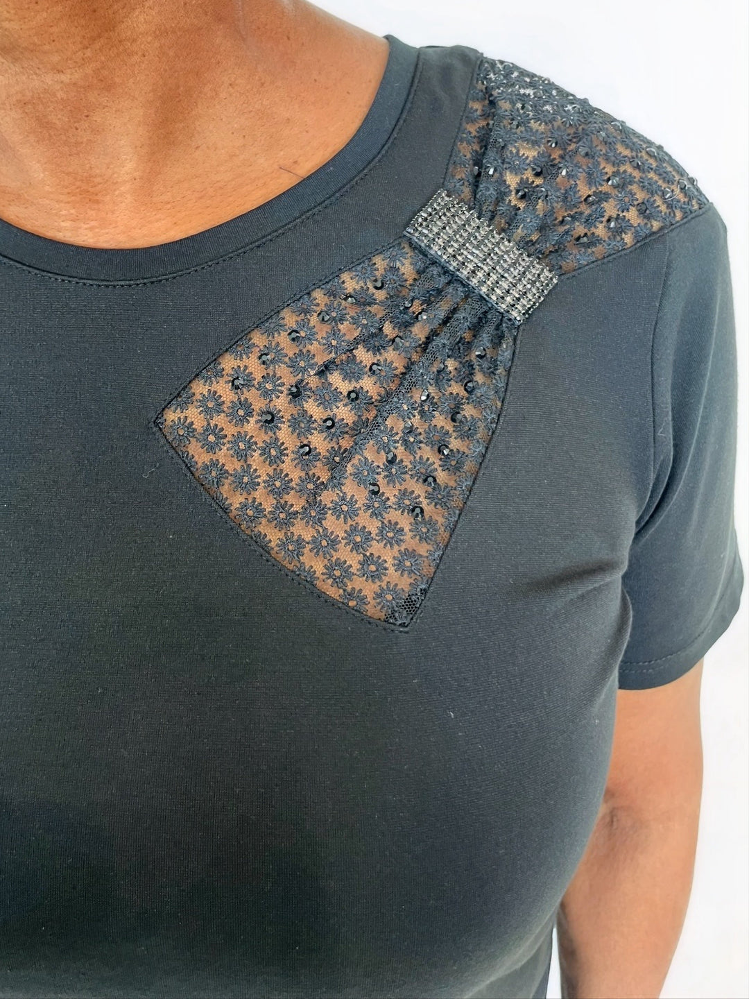 Leo & Ugo Tata Bow Tee With Crystal in Black available at Barbara Katz