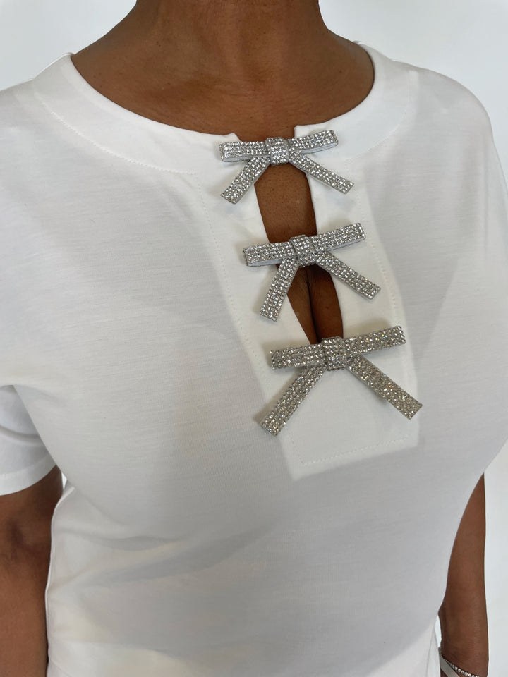 Leo & Ugo Ines Bow Crystal Tee in White available at Barbara Katz