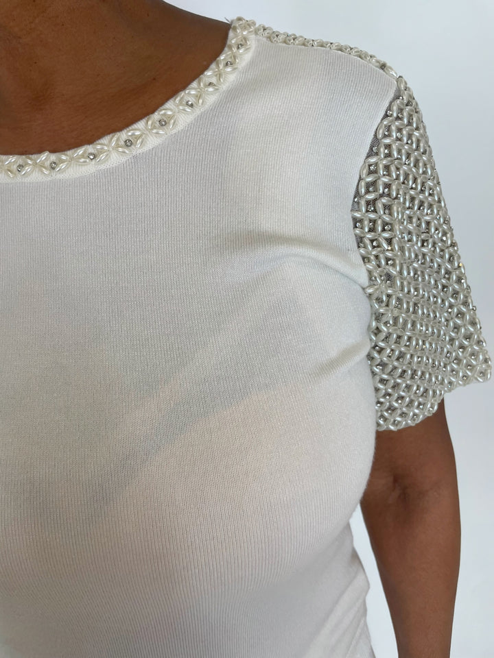 Leo & Ugo Olivia Pearl Sleeve Tee With Crystals in Off White available at Barbara Katz