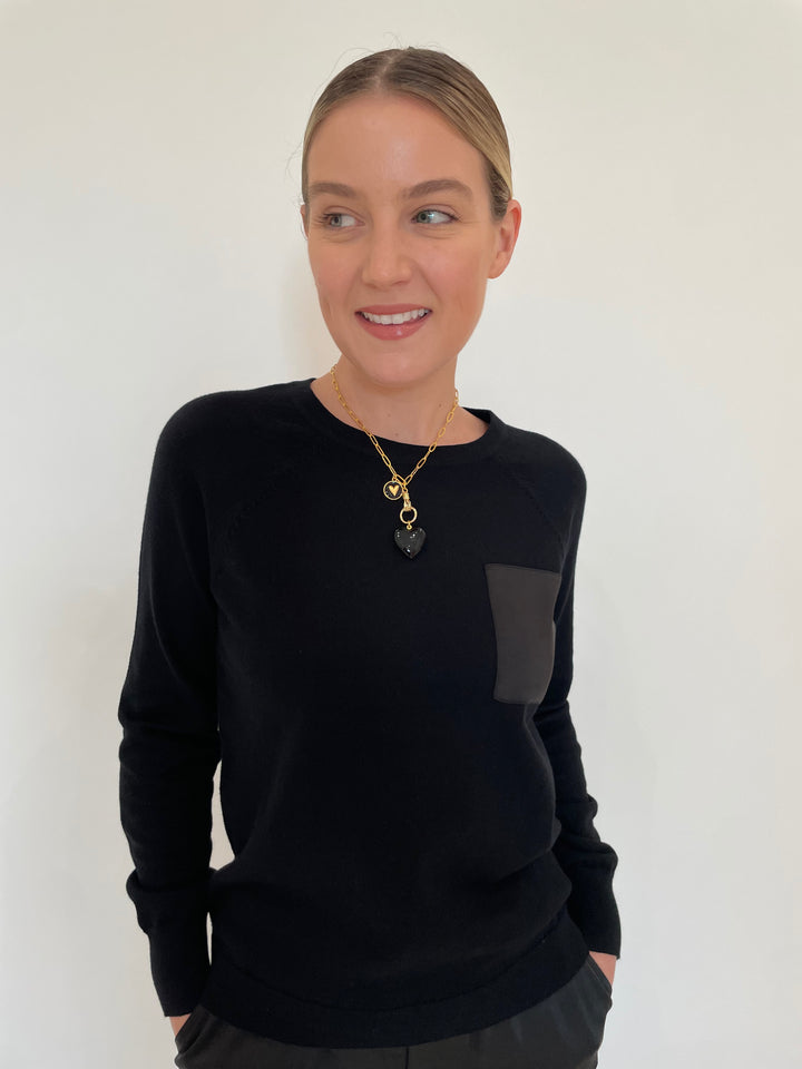 J Society Jette Satin Pocket Sweatshirt in Black with Elizabeth Cole Jewelry Morrigan Necklace in Black available at Barbara Katz