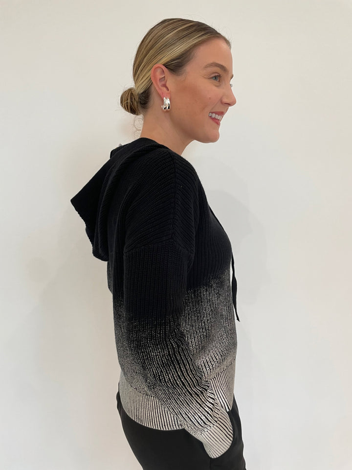 J Society Ombre Metallic Shaker Long Sleeve Hoodie in Black with Lizzie Fortunato Onda Hoops in Silver available at Barbara Katz