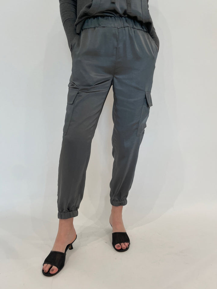 J Society Juno Satin Cargo Pants in Gunmetal available at Barbara Katz