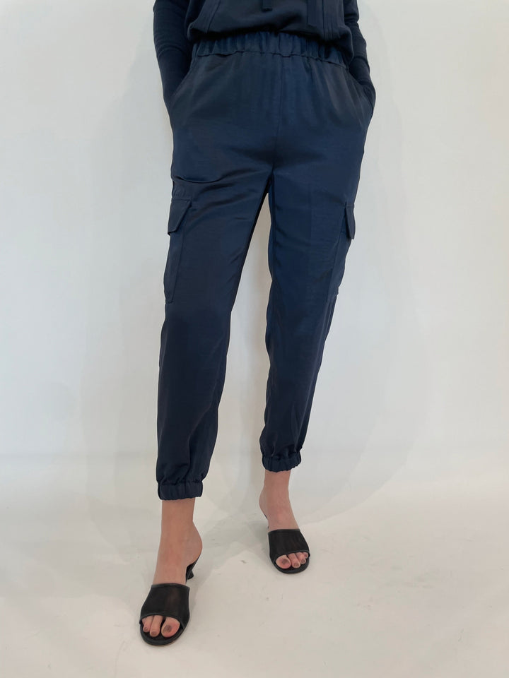 J Society Juno Satin Cargo Pants in Navy available at Barbara Katz