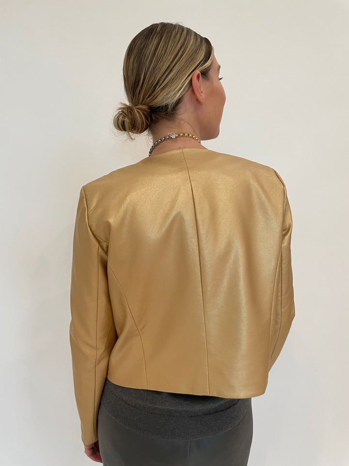 J Society Gold Metallic Collarless Jacket available at Barbara Katz