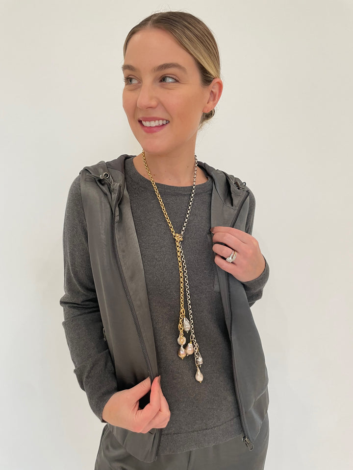 J Society Satin Pocket Sweatshirt and Satin Hoodie Vest in Gunmetal with Suzy T Designs Pearl Lariat Necklace in Gold/Silver available at Barbara Katz