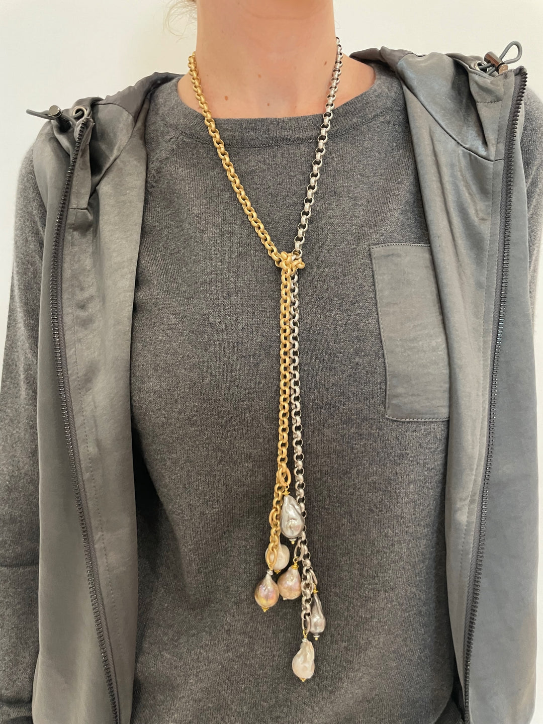 Suzy T Designs Pearl Lariat Necklace in Two-Tone Gold/Silver available at Barbara Katz