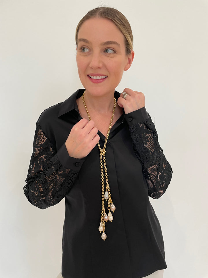 Hinson Wu Sienna Long Sleeve Lace Shirt in Black with Suzy T Designs Pearl Lariat Necklace in Gold available at Barbara Katz