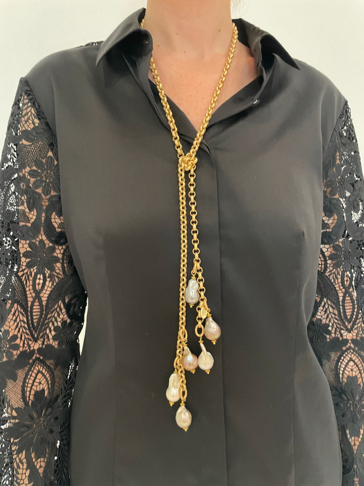 Suzy T Designs Pearl Lariat Necklace in Gold available at Barbara Katz