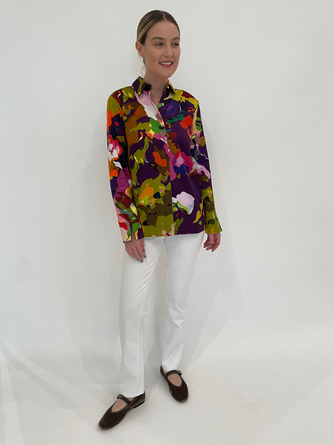 Lysse Spencer Straight Leg Denim Jeans in White paired with Hinson Wu Xena Long Sleeve Mosaic Flower Print Shirt available at Barbara Katz