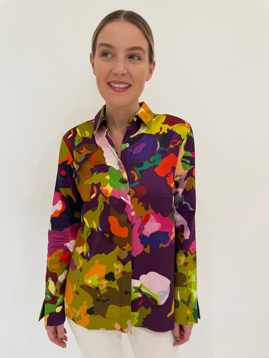 Hinson Wu Xena Satin Mosaic Flower Print Long Sleeve Shirt in Multi available at Barbara Katz