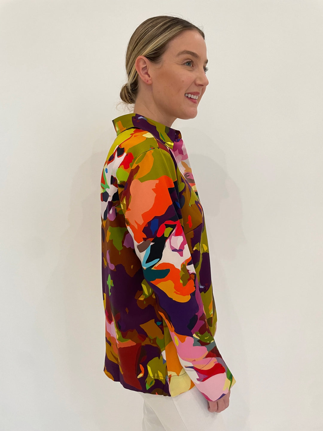 Hinson Wu Xena Satin Mosaic Flower Print Long Sleeve Shirt in Multi available at Barbara Katz