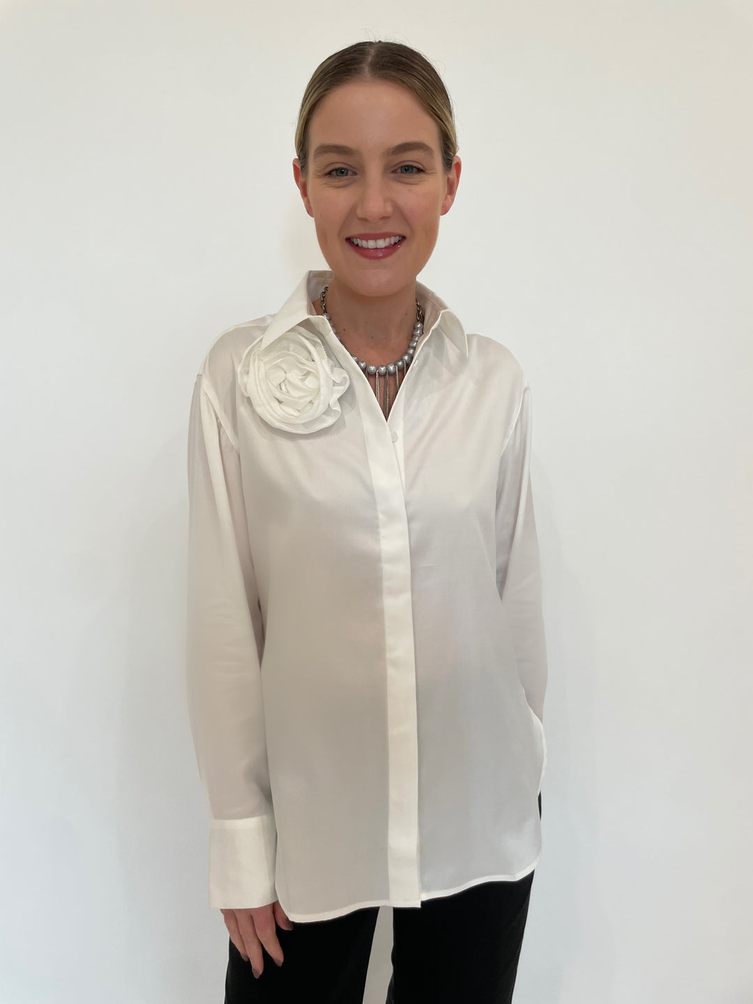 Hinson Wu Halsey Long Sleeve Shirt With Rosette in Cloud available at Barbara Katz