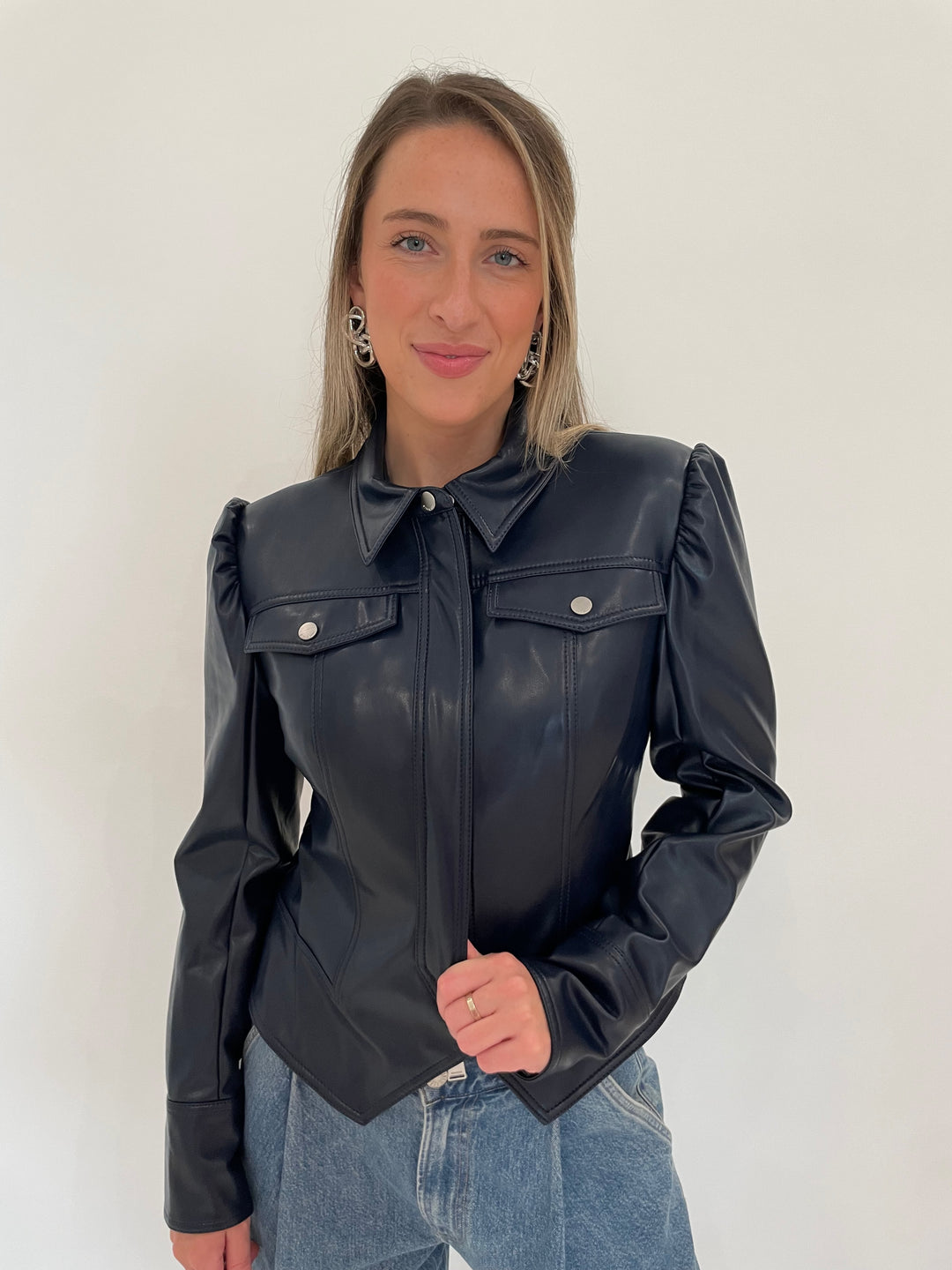 Simkhai Wyatt Vegan Leather Zip Up Jacket in Midnight with BK Cata Geometric Shape Metal Earrings in Rhodium available at Barbara Katz