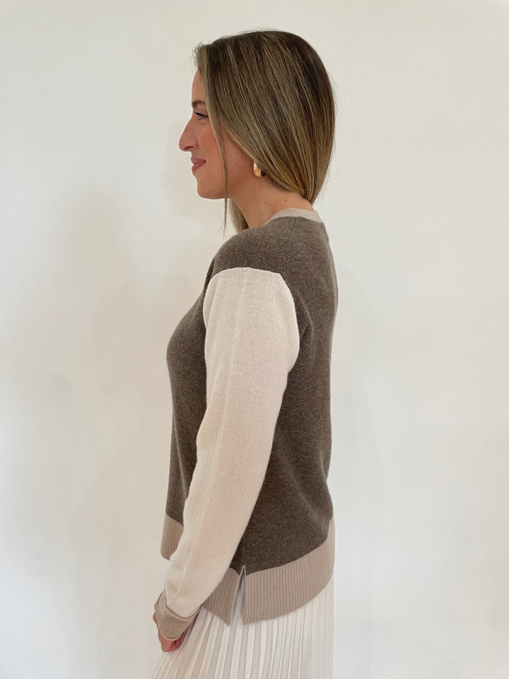 Pure Amici Evermore Cashmere Colorblock Long Sleeve Sweater in Bark available at Barbara Katz