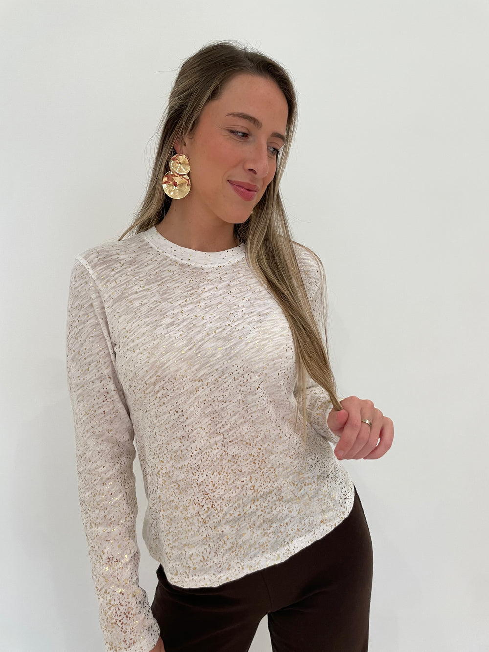 ATM Slub Jersey Long Sleeve Foil Crop Tee in White/Gold, BK Dori Textured Disk 2 Drop Earrings in Gold available at Barbara Katz