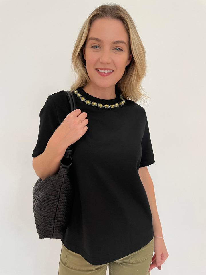 Essentiel Antwerp Galenic Embroidered T-Shirt in Black with Daniella Lehavi Dallas Shoulder Bag in Wavy Black available at Barbara Katz