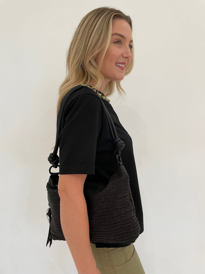 Essentiel Antwerp Galenic Embroidered T-Shirt in Black with Daniella Lehavi Dallas Shoulder Bag in Wavy Black available at Barbara Katz