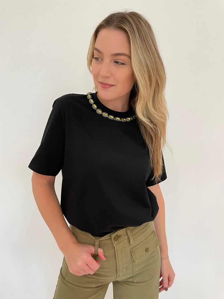 Essentiel Antwerp Galenic Embroidered T-Shirt in Black paired with Frama The 70s Patch Pocket Crop Straight Jeans in Wash Summer Sage available at Barbara Katz