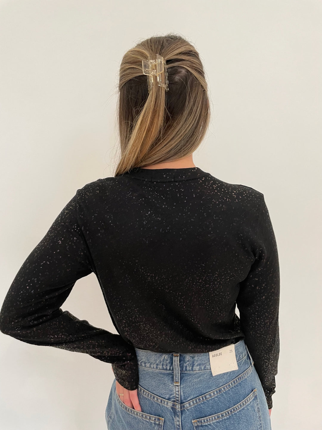 ATM Slub Jersey Long Sleeve Foil Crop Tee in Black available at Barbara Katz