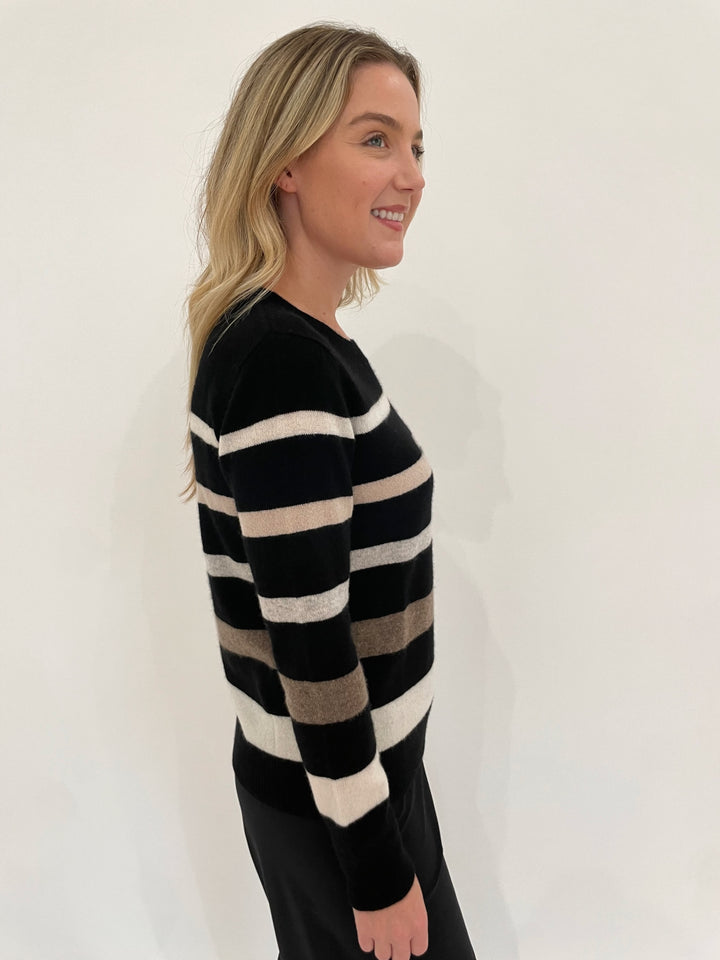 Pure Amici Midnights Cashmere Stripe Long Sleeve Sweater in Black available at Barbara Katz