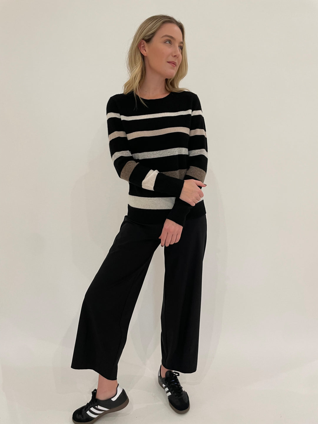 Pure Amici Midnights Cashmere Stripe Crew Sweater in Black paired with Raffaello Rossi 7/8 Sally Pants in Black available at Barbara Katz