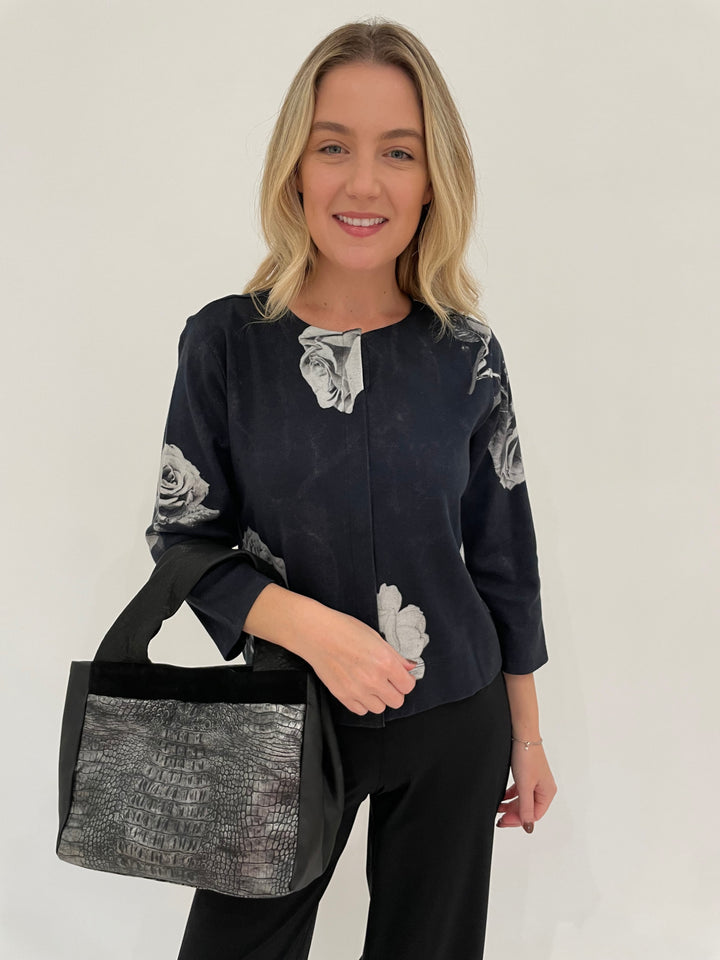 Pashma Floral Contrast Jacket in Beige/Black paired with Raffaello Rossi 7/8 Sally Pants in Black, Daniella Lehavi Aspen Shopper's Bag in Pewter Croco available at Barbara Katz