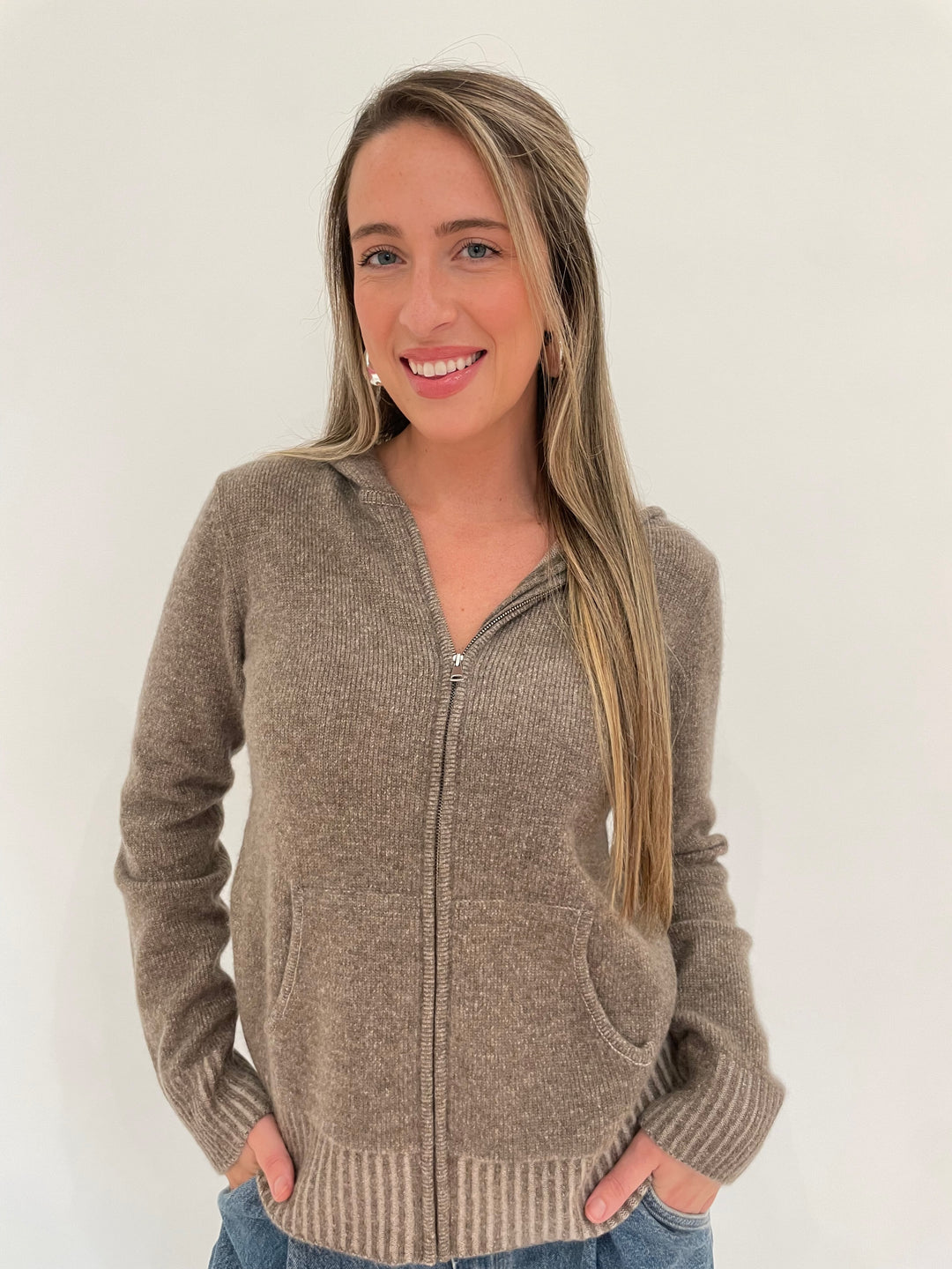 Pure Amici Folklore Cashmere Full Zip Hoodie in Bark available at Barbara Katz