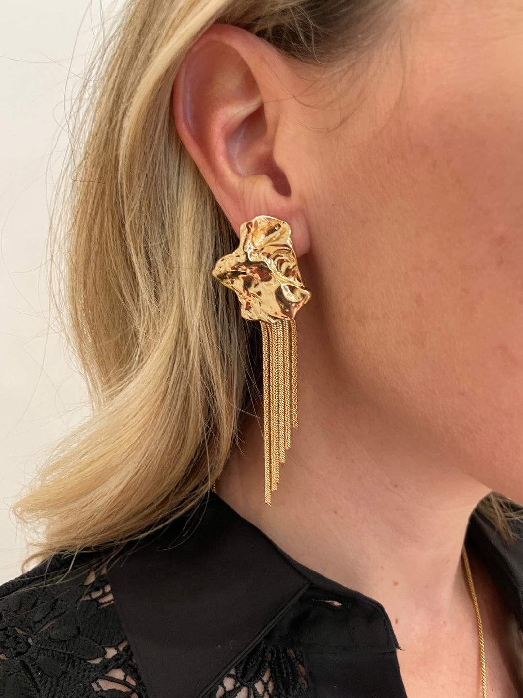 BK Jewelry Melanie Hammered Organic & Fringe Earrings in Gold available at Barbara Katz