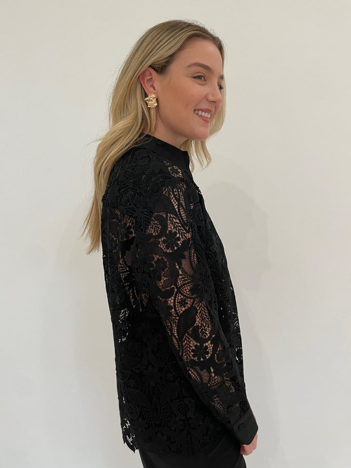 Hinson Wu Margot Long Sleeve Lace Shirt Jacket in Black paired with Raffaello Rossi 7/8 Pants in Black, BK Melanie Gold Hammered Organic & Fringe Earrings available at Barbara Katz