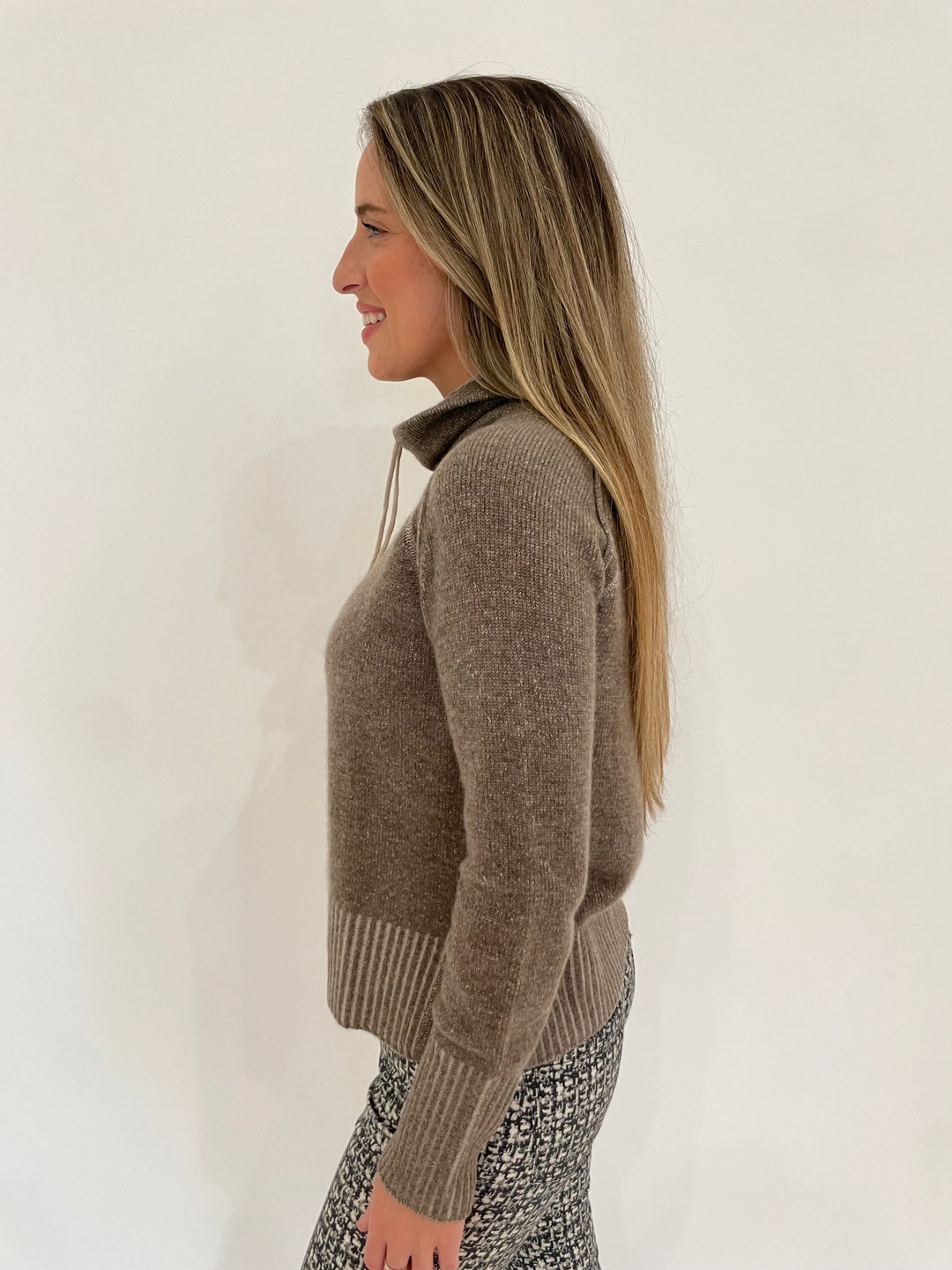 Pure Amici Enchanted Cashmere Turtleneck Long Sleeve Sweater With String in Bark available at Barbara Katz