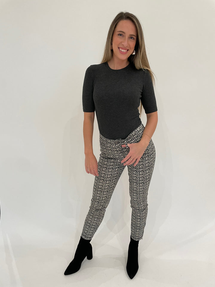 Goldie Ribbed Half Sleeve Tee in Charcoal Heather paired with MAC Dream Chic Crop Jeans 082G Print, Bianca Puffy Triangle Open Hoop Earrings in Silver available at Barbara Katz