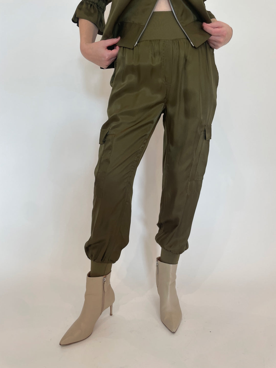 Cinq a Sept Giles Cupro Pants in Dark Olive available at Barbara Katz