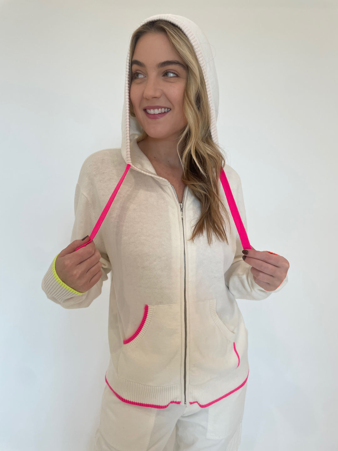 Whisper by Brodie Valentina Heart Hoodie in Ice Water/Neon Pink available at Barbara Katz