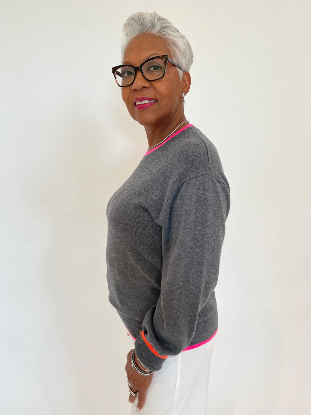 Whisper by Brodie Valentina Heart Long Sleeve Crew Sweater in City Grey available at Barbara Katz