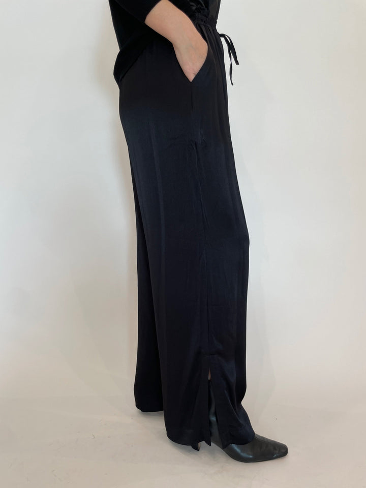 Melissa Nepton Lorene Satin Wide Leg Pants in Black available at Barbara Katz