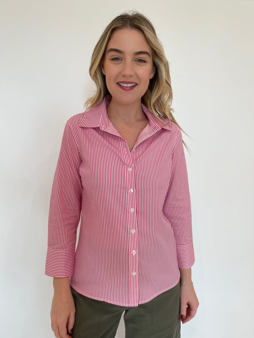 BK Page 3/4 Sleeve Stripe Button Down Shirt in Pink available at Barbara Katz